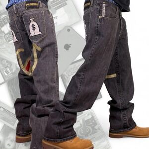 Vintage Parish Baggy Graphic Embroidered Money Jeans Grey Y2K Skater Mens 38